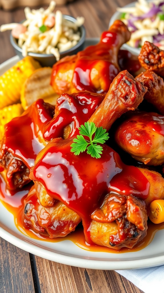 A platter of barbecue baked chicken with a glossy sauce, served with side dishes of coleslaw and corn on the cob.